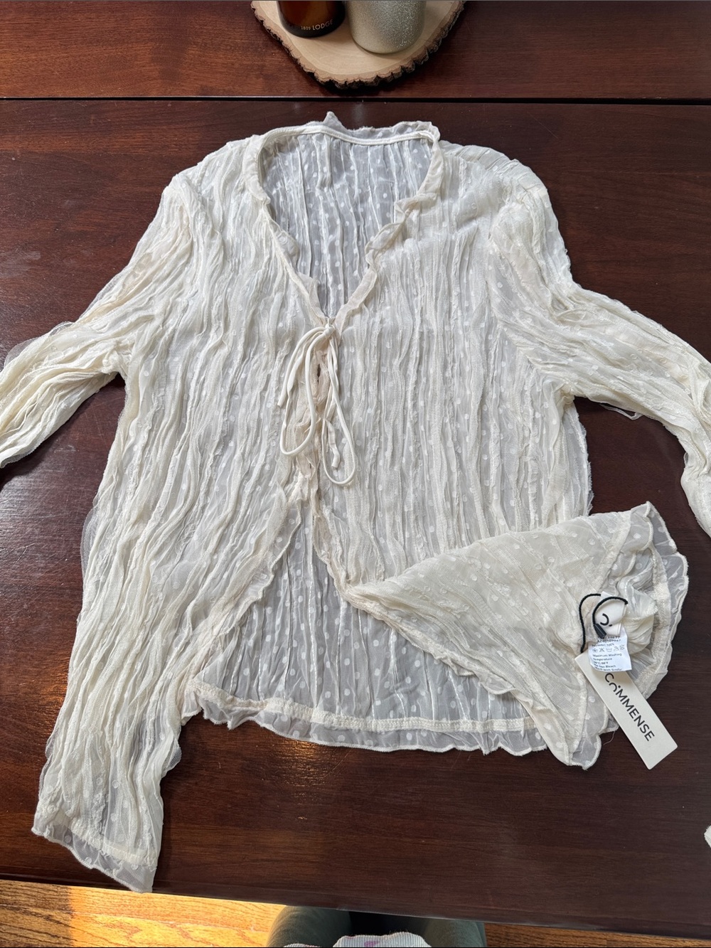 Commense Cream Sheer Tie-Front Dotted Blouse